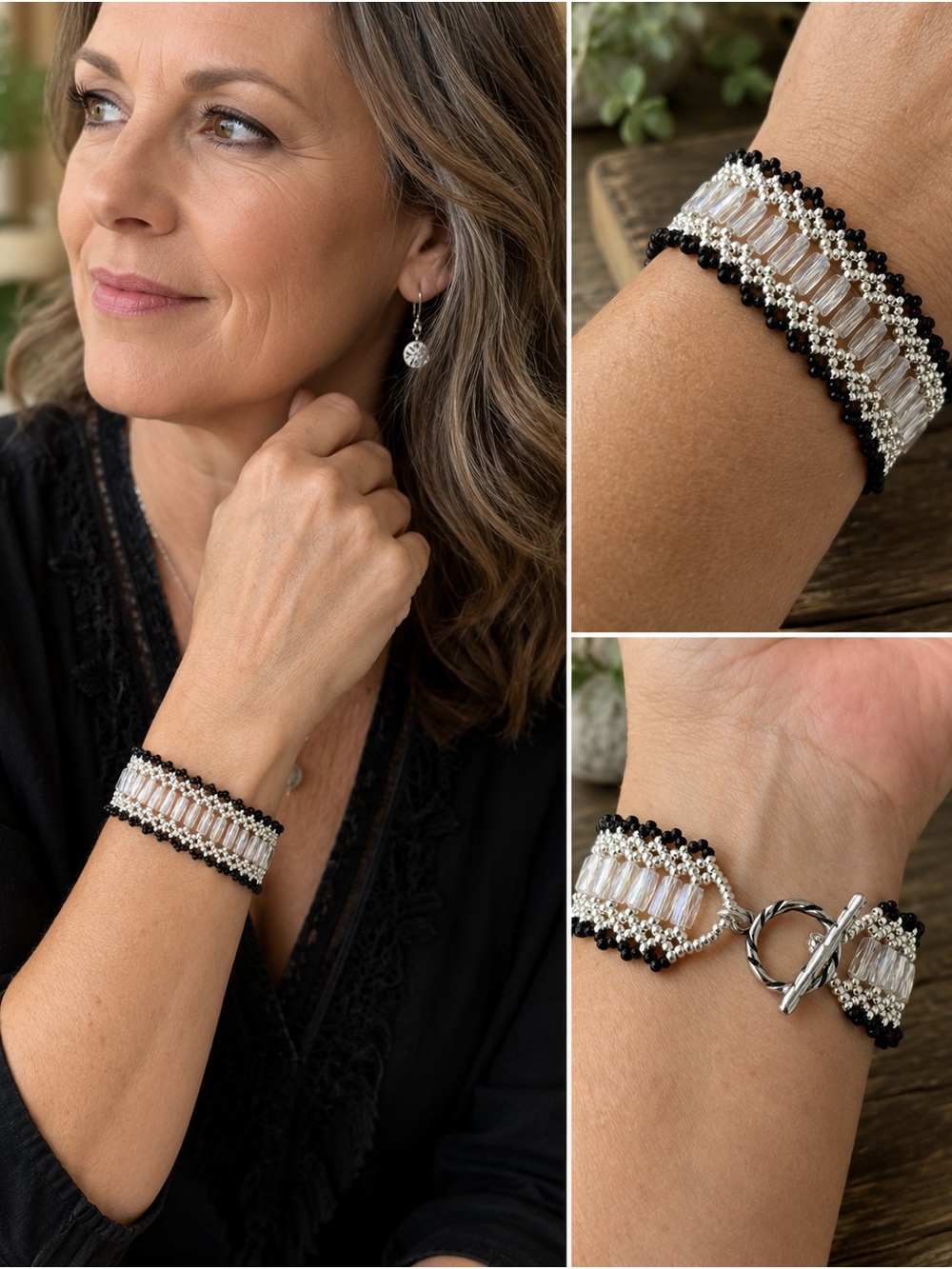 Hand Crafted Silver and Black Beaded Crystal Cuff Bracelet